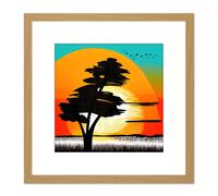 Artery8 Lone Black Tree Countryside Bright Colourful Sunrise Linocut Illustration Square Wooden Framed Wall Art Print Picture 8X8 Inch in Light Oak Artery8 Light Oak