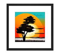 Artery8 Lone Black Tree Countryside Bright Colourful Sunrise Linocut Illustration Square Wooden Framed Wall Art Print Picture 8X8 Inch Artery8 Black