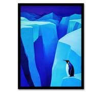 Lone King Penguin Antarctic Ice Glacier Landscape Framed Art Print Artery8 Blue A4