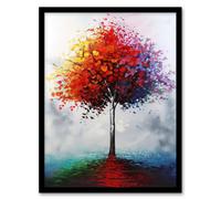 Lone Rainbow Tree Painting Autumnal Colourful Framed Art Print Artery8 Red A4