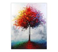 Artery8 Lone Rainbow Tree Painting Autumnal Colourful Wall Art Print in Red | Size: W18" x H24" Artery8 Red W18" x H24"