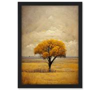 Doppelganger33 LTD Lone Tree Autumn Landscape Gold Yellow Mustard Artwork Framed Wall Art Print A4