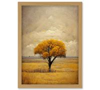 Artery8 Lone Tree Autumn Landscape Gold Yellow Mustard Artwork Framed Wall Art Print A4 in Light Oak Artery8 Light Oak
