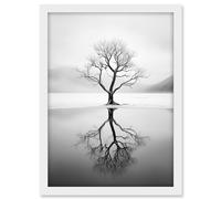 Artery8 Lone Tree by Frozen Lake Winter Landscape Black and White Photograph Artwork Framed A3 Wall Art Print