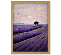 Lone Tree In A Field Of Purple Lavender Flowers Artwork Framed Wall Art Print A4 Artery8 Light Oak One Size
