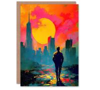 Artery8 Lone Walker Vibrant Sunset Abstract Cityscape Good Luck Greeting Card in Orange Artery8 Orange