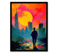 Lone Walker Vibrant Sunset Abstract Cityscape Framed Art Print Artery8 Orange A4