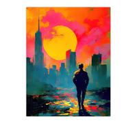 Lone Walker Vibrant Sunset Abstract Cityscape Wall Art Print Artery8 Orange W24 inch x H32 inch