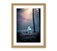 Artery8 Lone White Forest Horse Photograph Enchanted Landscape Sunbeam Artwork Framed Wall Art Print 18X24 Inch