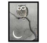 Artery8 Long Eared Owl On Tree Branch Vintage Japan Framed Wall Art Print Koson in Grey | Size: A4 Artery8 Grey A4