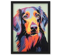 Artery8 Long Haired Dachshund Dog Colourful Artwork Orange Blue Purple Pet Portrait Cute Artwork Framed Wall Art Print A4