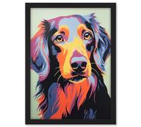 Artery8 Long Haired Dachshund Dog Colourful Artwork Orange Blue Purple Pet Portrait Cute Artwork Framed A3 Wall Art Print