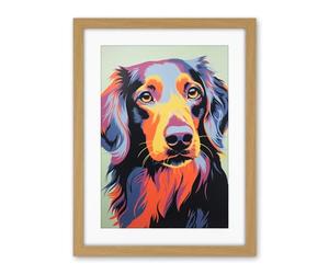 Artery8 Long Haired Dachshund Dog Colourful Artwork Orange Blue Purple Pet Portrait Cute Artwork Framed Wall Art Print 18X24 Inch