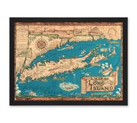 Artery8 Long Island NY Smith 1933 Pictorial Map History A4 Artwork Framed Wall Art Print in Black Artery8 Black