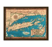 Long Island NY Smith 1933 Pictorial Map History A4 Artwork Framed Wall Art Print Artery8 Brown One Size