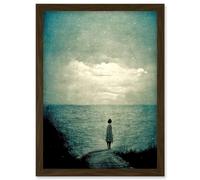 Doppelganger33 LTD Looking Out To Sea Dreamscape Lone Woman Dusk Calm Elegant Panting Artwork Framed Wall Art Print A4