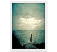 Artery8 Looking Out To Sea Dreamscape Lone Woman Dusk Calm Elegant Panting Artwork Framed Wall Art Print A4 in White Artery8 White