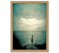 Doppelganger33 LTD Looking Out To Sea Dreamscape Lone Woman Dusk Calm Elegant Panting Artwork Framed Wall Art Print A4