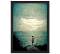 Artery8 Looking Out To Sea Dreamscape Lone Woman Dusk Calm Elegant Panting Artwork Framed Wall Art Print A4 in Black Artery8 Black