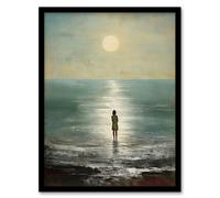 Looking Out To Sea Oil Painting Alone At The Water Shore Moonlit Beach Seascape Art Print Framed Poster Wall Decor Artery8 Black A4