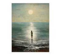 Artery8 Looking Out To Sea Oil Painting Alone At The Water Shore Moonlit Beach Seascape Unframed Wall Art Print Poster Home Decor Premium Artery8 Multicolor W12" x H16"