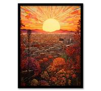 Artery8 Los Angeles LA California Sunburst Cityscape Rich Golden Floral Sunshine Artwork Framed Wall Art Print 18X24 Inch