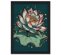 Artery8 Lotus Flower Old School USA Tattoo Ink Body Art Rockabilly Americana 50s Artwork Framed Wall Art Print A4