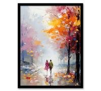 Wall Art Print Lovers Autumn Walk Painting Orange Pink Couple in Park Framed Art Artery8 Multi A4