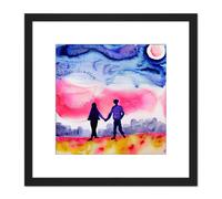 Artery8 Lovers Moonlight Walk in Urban Landscape Watercolour Illustration Square Wooden Framed Wall Art Print Picture 8X8 Inch in Black Artery8 Black