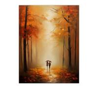 Artery8 Lovers Walk Landscape Oil Painting Romantic Stroll In An Autumn Forest Amber Trees On A Serene Path Bedroom Art Large Wall Art Poster Print Thick Paper 18X24 Inch