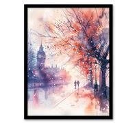 Lovers Walk London Big Ben Autumn Watercolour Framed Art Print Artery8 Purple A4
