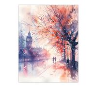 Artery8 Lovers Walk London Big Ben Autumn Watercolour Wall Art Print in Purple | Size: W12" x H16" Artery8 Purple W12" x H16"