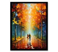 Artery8 Lovers Walk Oil Painting Pallet Knife Couple Taking Stroll Through Park In Autumn Artwork Framed Wall Art Print A4