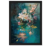 Artery8 Low Hanging Cherry Blossom Branch in River Stream Modern Watercolour Painting Artwork Framed A3 Wall Art Print