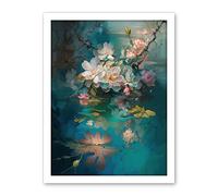 Artery8 Low Hanging Cherry Blossom Branch in River Stream Modern Watercolour Painting Artwork Framed Wall Art Print 18X24 Inch
