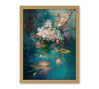 Artery8 Low Hanging Cherry Blossom Branch in River Stream Modern Watercolour Painting Artwork Framed Wall Art Print 18X24 Inch
