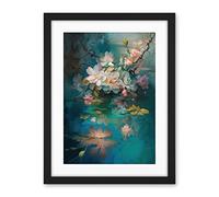 Artery8 Low Hanging Cherry Blossom Branch in River Stream Modern Watercolour Painting Artwork Framed Wall Art Print 18X24 Inch