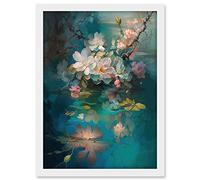 Artery8 Low Hanging Cherry Blossom Branch in River Stream Modern Watercolour Painting Artwork Framed A3 Wall Art Print