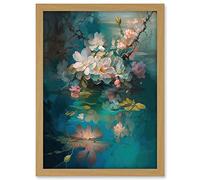 Artery8 Low Hanging Cherry Blossom Branch in River Stream Modern Watercolour Painting Artwork Framed A3 Wall Art Print