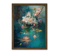 Artery8 Low Hanging Cherry Blossom Branch in River Stream Modern Watercolour Painting Artwork Framed Wall Art Print 18X24 Inch