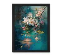 Artery8 Low Hanging Cherry Blossom Branch in River Stream Modern Watercolour Painting Artwork Framed Wall Art Print 18X24 Inch