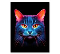 Artery8 Luminescent Cat Painting Orange Purple Blue High Contrast Pet Portrait Neon On Black Design Wall Art Print - A4 Size