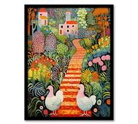 Artery8 Lush Garden Path with Hens and Colourful Blooms Artwork Framed Wall Art Print A4