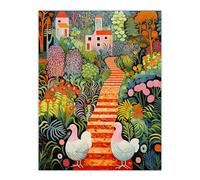 Artery8 Lush Garden Path with Hens and Colourful Blooms Extra Large XL Wall Art Poster Print