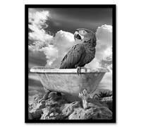 Artery8 Macaw Parrot Bird on Bathtub Black White Surreal Bathroom Toilet Artwork Framed Wall Art Print A4
