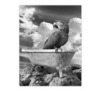 Macaw Parrot Bird on Bathtub Black White Surreal Wall Art Print Artery8 Grey W24 inch x H32 inch