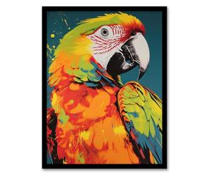 Artery8 Macaw Parrot Neon Orange Green On Teal Exotic Bird Artwork Vibrant Bold Bright Colourful Painting Artwork Framed Wall Art Print A4