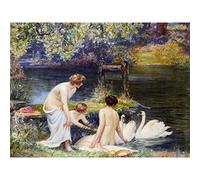 Artery8 Macbeth Summer Morning Women Swans Painting Large Wall Art Poster Print Thick Paper 18X24 Inch