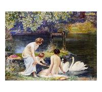 Artery8 Macbeth Summer Morning Women Swans Painting Large XL Wall Art Canvas Print