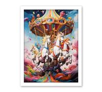 Artery8 Magical Carousel in Rainbow Clouds Bright Bold Vibrant Fantasy Kids Bedroom Baby Nursery Artwork Framed Wall Art Print 18X24 Inch